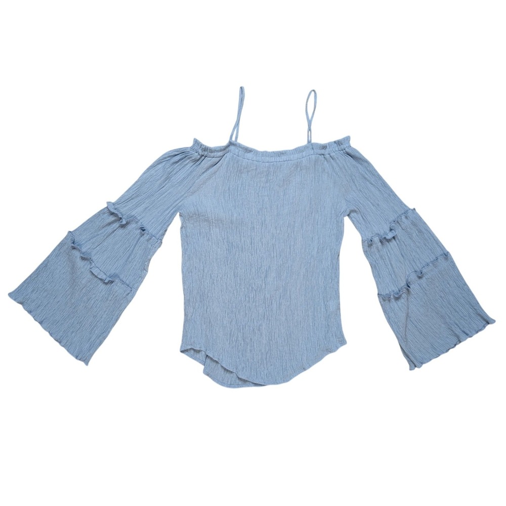 Large Blue Off The Shoulder Ruched‎ Cottagecore  Lightwight Flowy Top - Picture 2 of 3